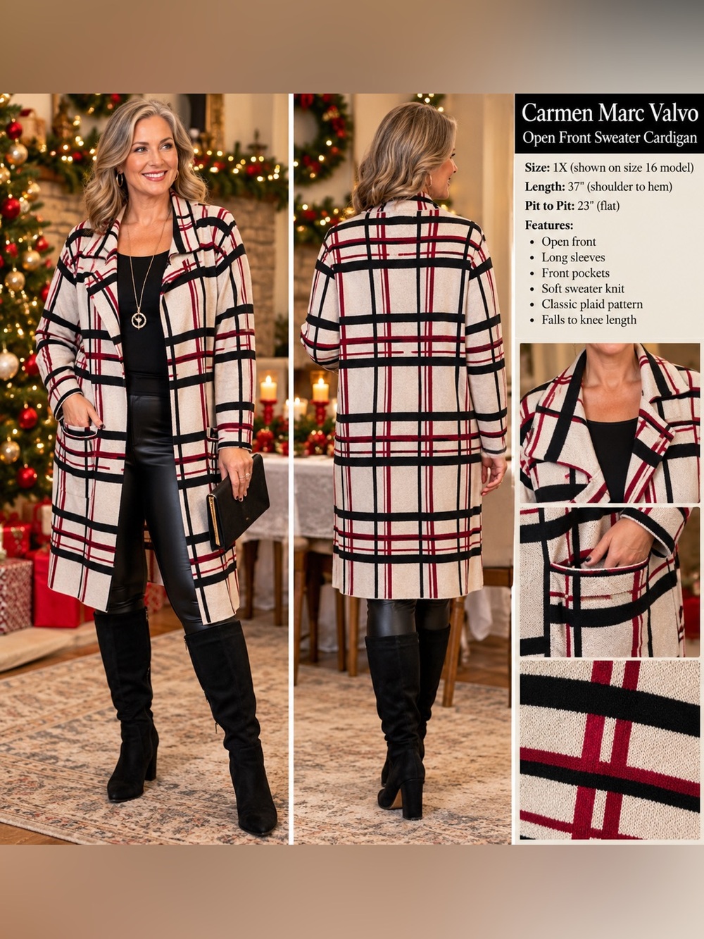 Cream Red Black Plaid Open-Front Cardigan Plus 1XL